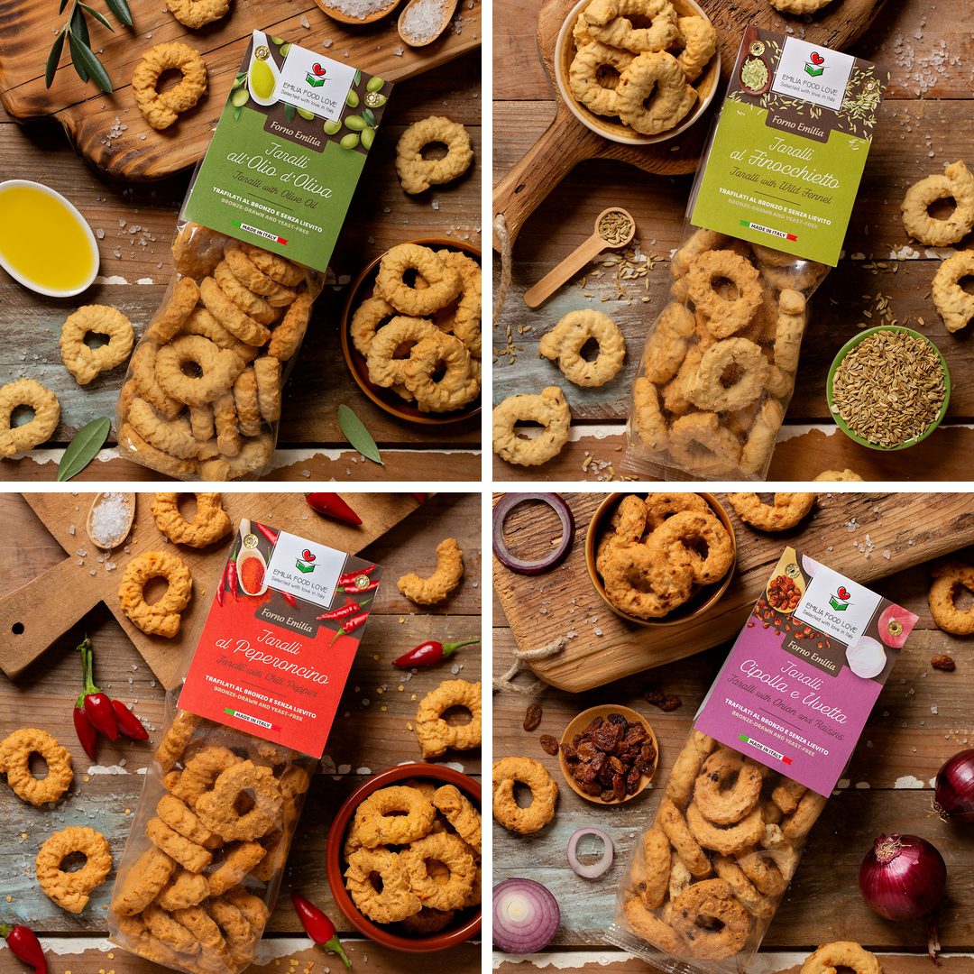 Taralli Tasting - four Forno Emilia flavors, top view